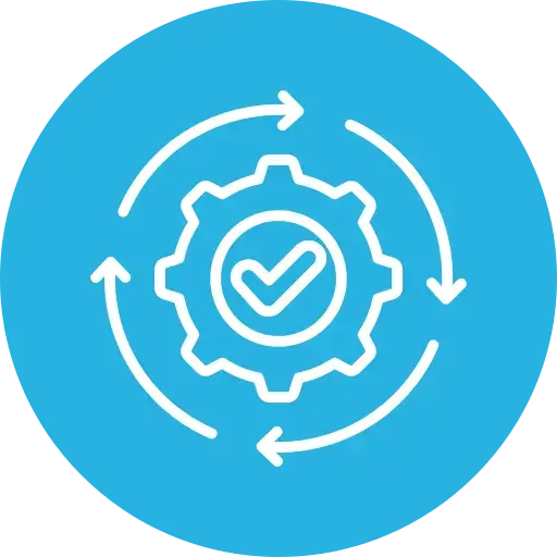 A blue circle with white gear with arrows and a check mark.