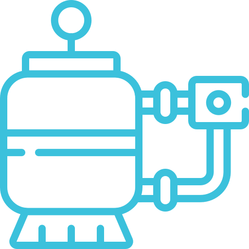Blue line drawing of an industrial machine with a circular top, pipes extending to the right, and a perforated base, on a light gray background.