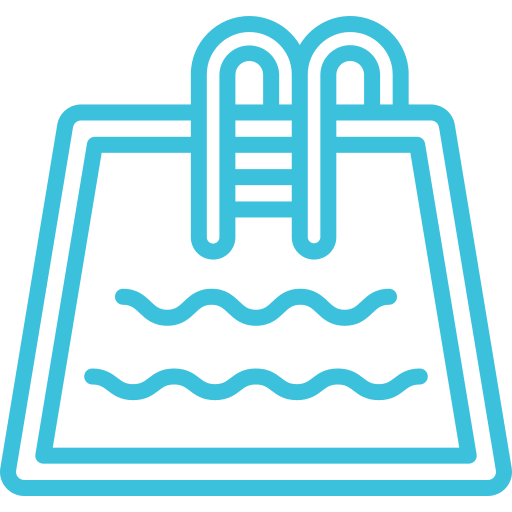 Blue line drawing of a swimming pool with wavy water lines and a ladder on one side.