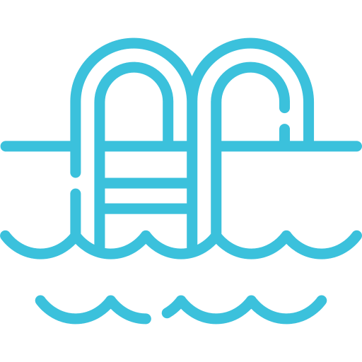 Blue outline drawing of a swimming pool ladder with water waves below, on a light background.