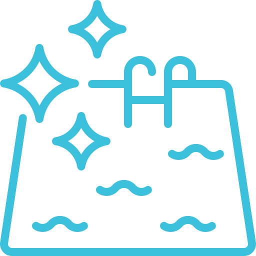 Blue line drawing of a swimming pool with sparkles, waves, and a ladder, representing clean or sparkling water.
